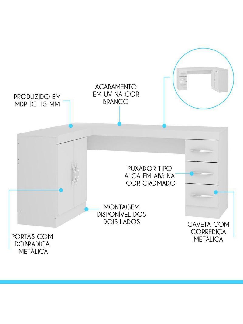 Mesa Escritório De Canto Home Office 2 Portas 3 Gavetas Menu Móveis Branco