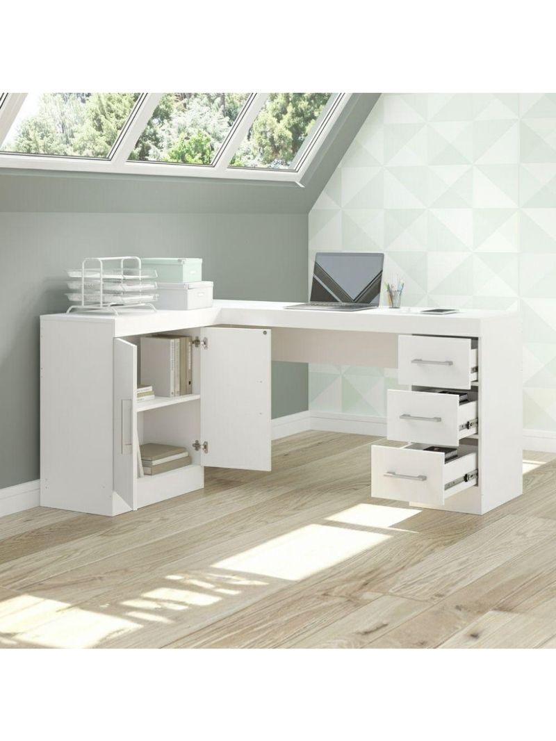 Mesa Escritório De Canto Home Office 2 Portas 3 Gavetas Menu Móveis Branco