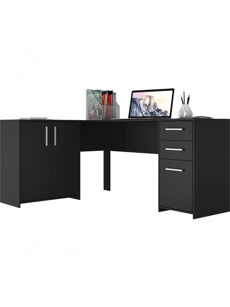 Mesa De Canto Em L Para Escritório Com 2 Gavetas E 3 Portas