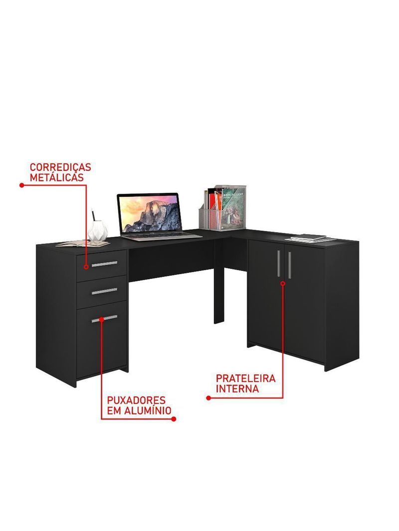 Mesa De Canto Em L Para Escritório Com 2 Gavetas E 3 Portas