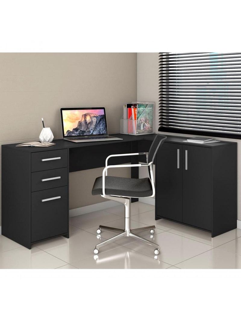 Mesa De Canto Em L Para Escritório Com 2 Gavetas E 3 Portas