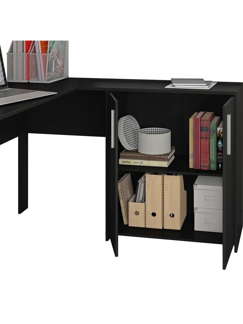 Mesa De Canto Em L Para Escritório Com 2 Gavetas E 3 Portas