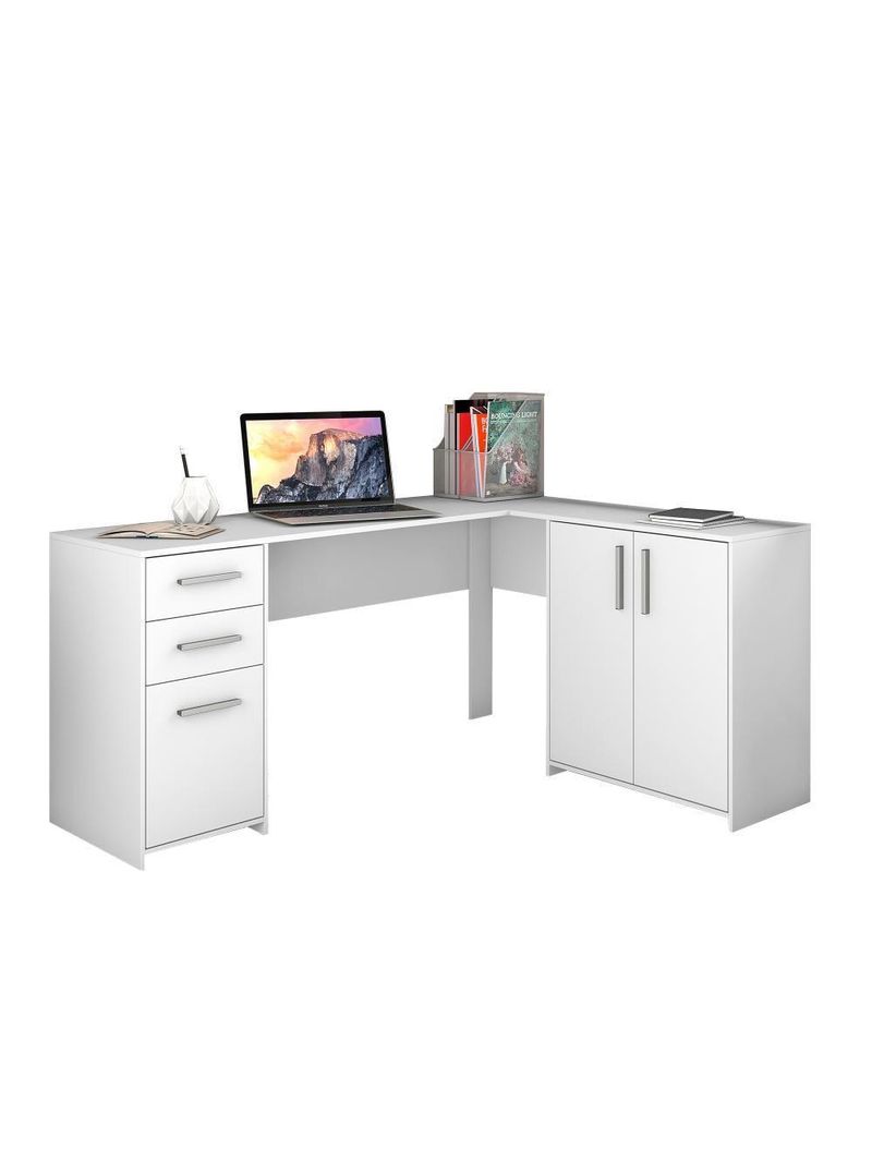 Mesa De Canto Em L Para Escritório Com 2 Gavetas E 3 Portas