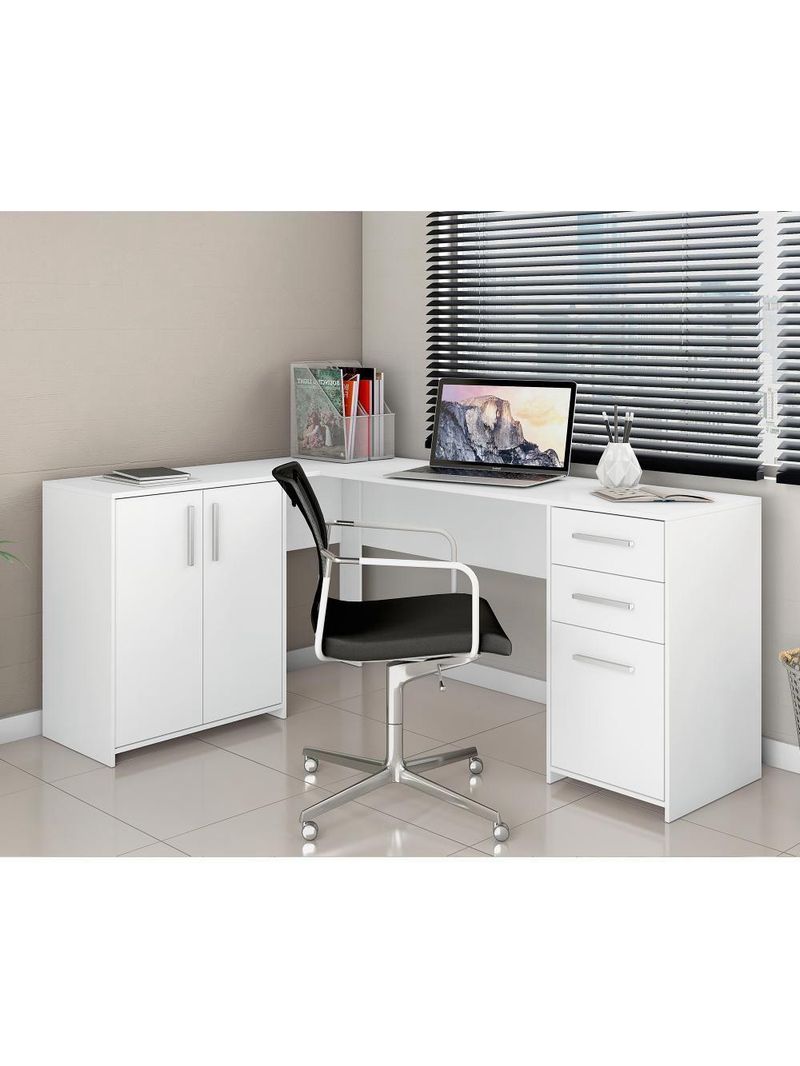 Mesa De Canto Em L Para Escritório Com 2 Gavetas E 3 Portas