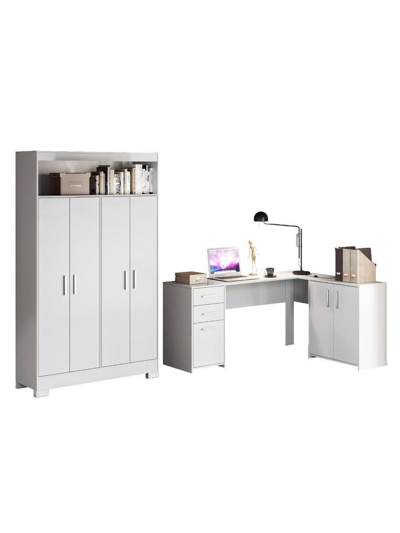 Conjunto Para Escritório 2 Peças Com Escrivaninha Em L E Armário Multiuso 4 Portas Branco Notável Móveis Branco