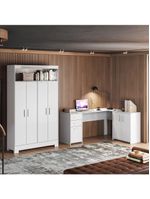 Conjunto Para Escritório 2 Peças Com Escrivaninha Em L E Armário Multiuso 4 Portas Branco Notável Móveis Branco