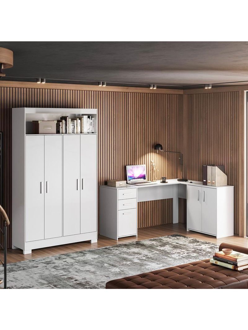 Conjunto Para Escritório 2 Peças Com Escrivaninha Em L E Armário Multiuso 4 Portas Branco Notável Móveis Branco