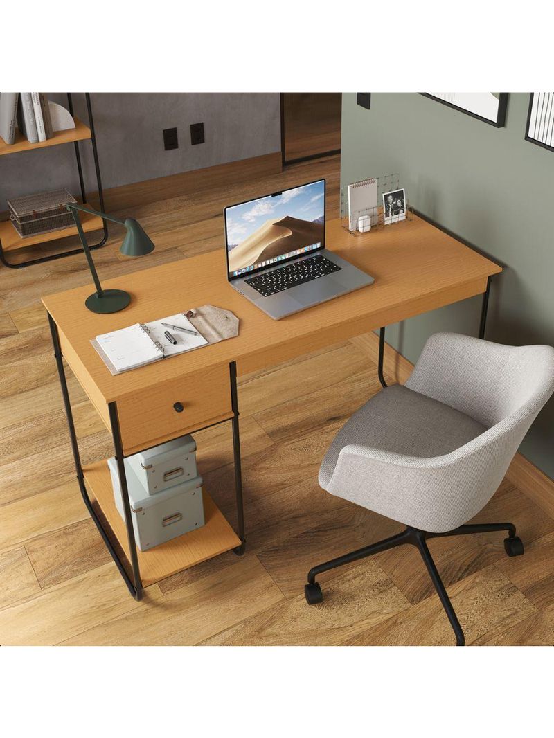 Escrivaninha Home Office Mesa De Estudo Escritório Quarto Gaveta Estilo Industrial Criare Nature