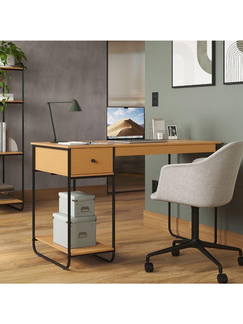 Escrivaninha Home Office Mesa De Estudo Escritório Quarto Gaveta Estilo Industrial Criare Nature