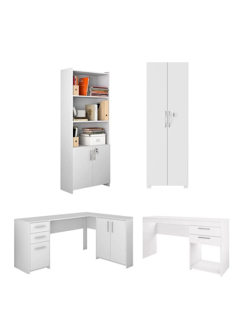 Conjunto Para Escritório 2 Mesas 2 Armários Altos Branco