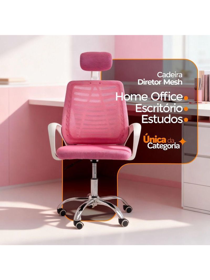 Cadeira Escritório Diretor Tela Mesh Com Encosto Rosa + E-book