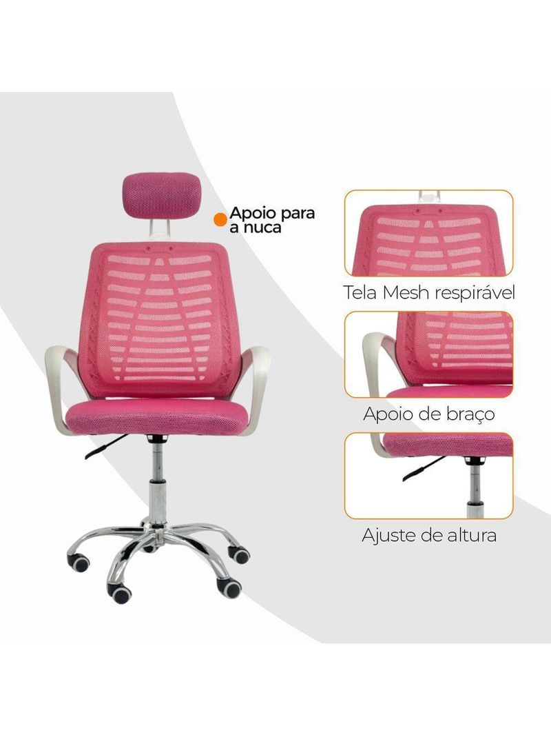 Cadeira Escritório Diretor Tela Mesh Com Encosto Rosa + E-book