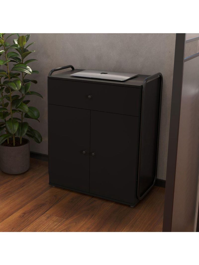 Armário Multiuso Organizador Estilo Industrial Com Gaveta E 2 Portas Escritório Quarto Preto