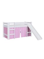 Cama Infantil Elevada Menino Menina Solteiro 202cm Com Degrau E Escorregador Branca Com Cortina Rosa