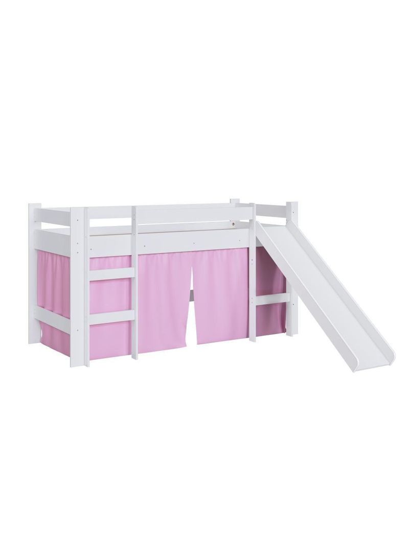 Cama Infantil Elevada Menino Menina Solteiro 202cm Com Degrau E Escorregador Branca Com Cortina Rosa