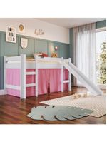 Cama Infantil Elevada Menino Menina Solteiro 202cm Com Degrau E Escorregador Branca Com Cortina Rosa