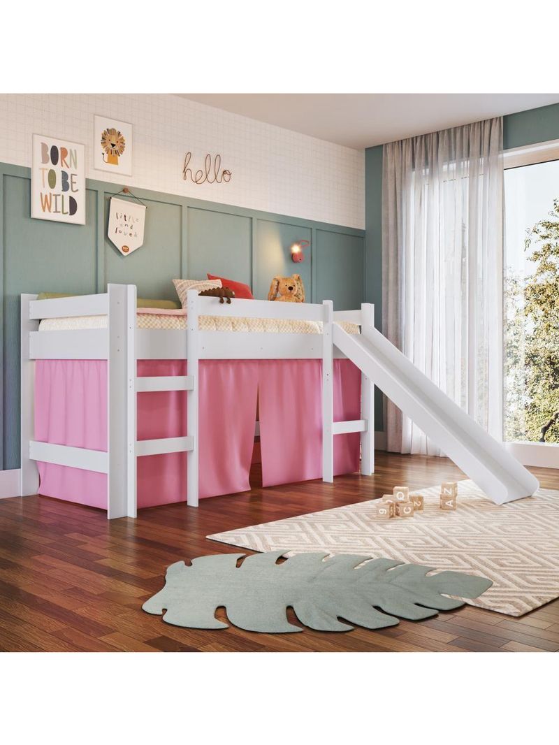 Cama Infantil Elevada Menino Menina Solteiro 202cm Com Degrau E Escorregador Branca Com Cortina Rosa