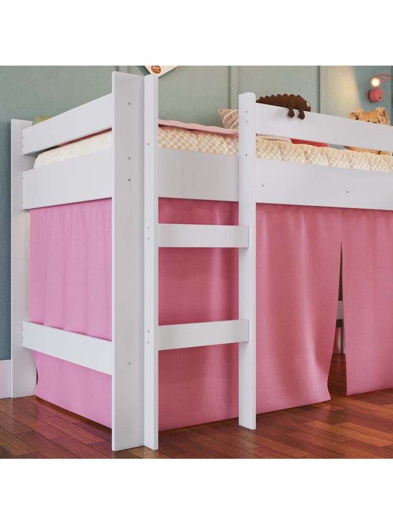 Cama Infantil Elevada Menino Menina Solteiro 202cm Com Degrau E Escorregador Branca Com Cortina Rosa