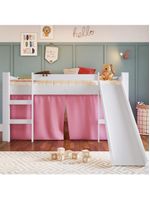 Cama Infantil Elevada Menino Menina Solteiro 202cm Com Degrau E Escorregador Branca Com Cortina Rosa