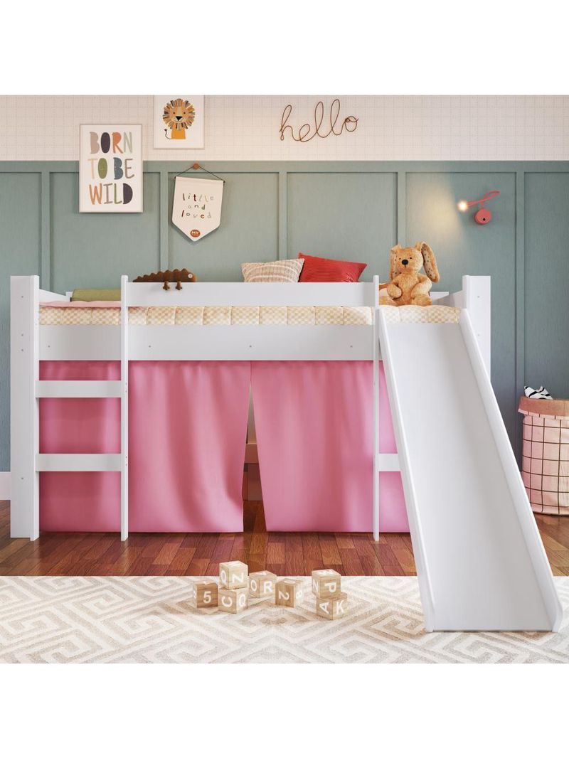 Cama Infantil Elevada Menino Menina Solteiro 202cm Com Degrau E Escorregador Branca Com Cortina Rosa