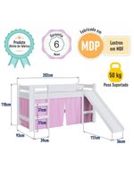 Cama Infantil Elevada Menino Menina Solteiro 202cm Com Degrau E Escorregador Branca Com Cortina Rosa