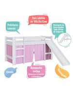 Cama Infantil Elevada Menino Menina Solteiro 202cm Com Degrau E Escorregador Branca Com Cortina Rosa