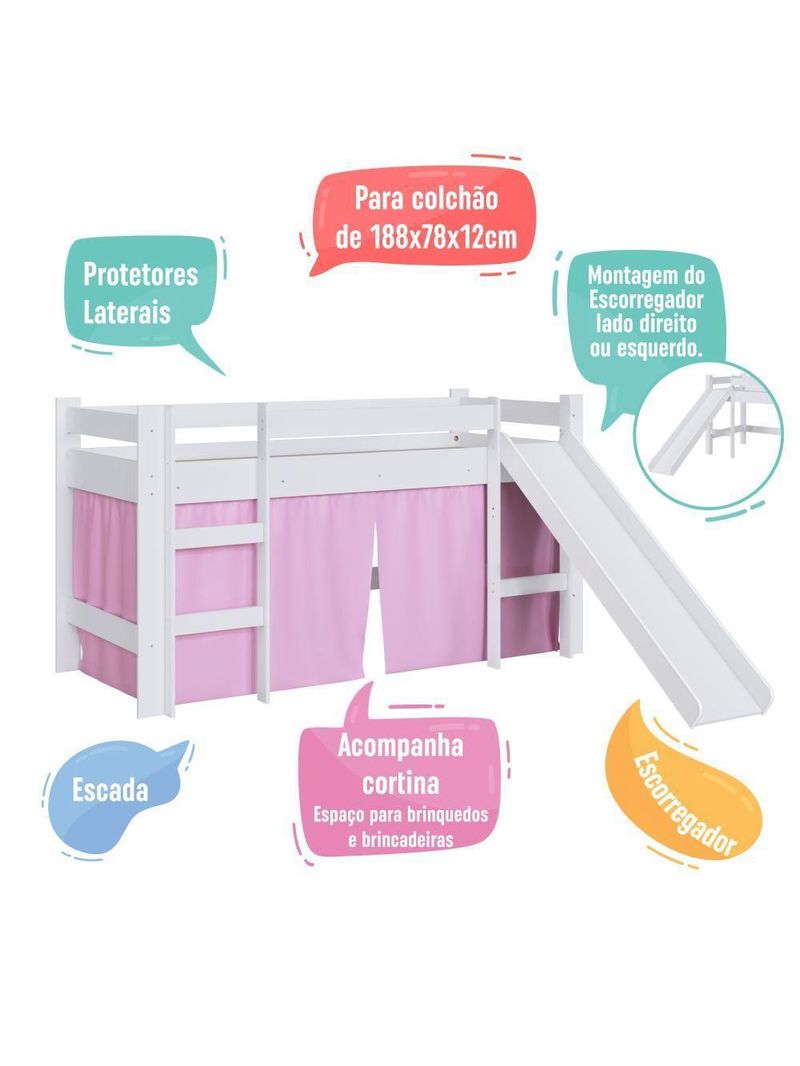 Cama Infantil Elevada Menino Menina Solteiro 202cm Com Degrau E Escorregador Branca Com Cortina Rosa