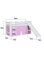 Cama Infantil Elevada Menino Menina Solteiro 202cm Com Degrau E Escorregador Branca Com Cortina Rosa