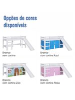 Cama Infantil Elevada Menino Menina Solteiro 202cm Com Degrau E Escorregador Branca Com Cortina Rosa