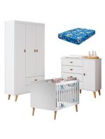 Quarto De Bebê Duda Com Berço Americano Ludmila Branco Acetinado Bétula E Colchão Ortobom