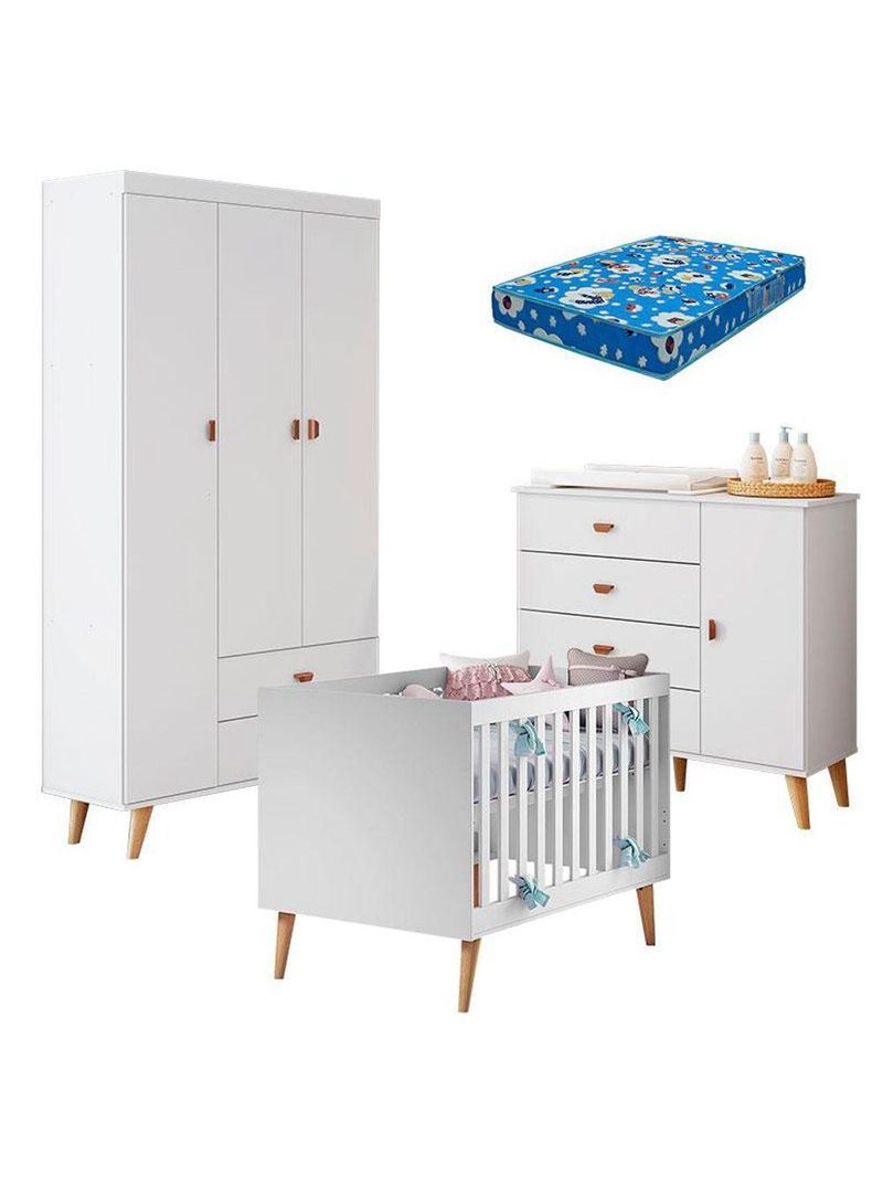 Quarto De Bebê Duda Com Berço Americano Ludmila Branco Acetinado Bétula E Colchão Ortobom
