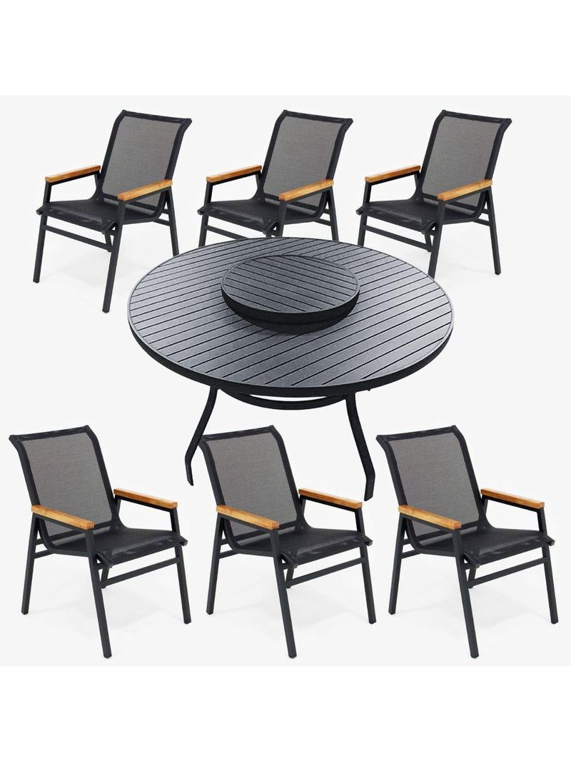 Conjunto Mesa Jardim Giratória 6 Poltronas Cadeiras área Externa Lazer Piscina Preto