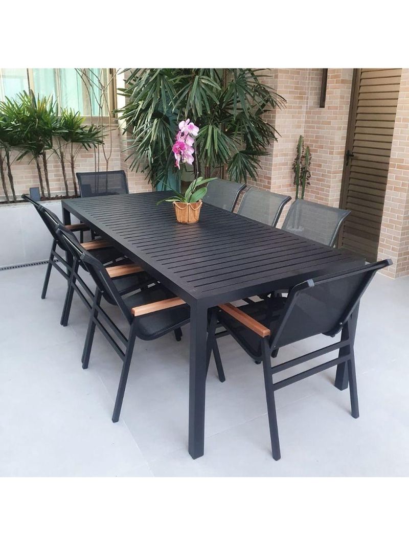 Conjunto Mesa Jardim Giratória 6 Poltronas Cadeiras área Externa Lazer Piscina Preto