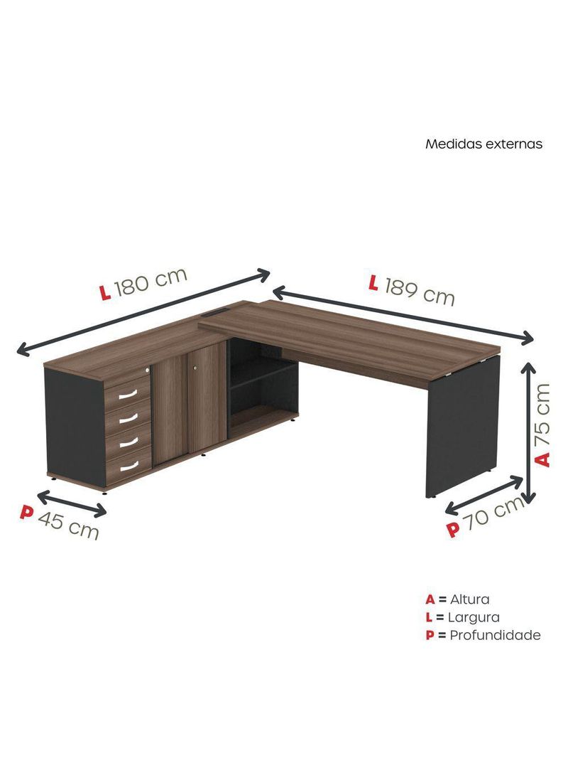 Mesa Pé Balcão Escritório Com 4 Gavetas 189x180cm Preto-walnut