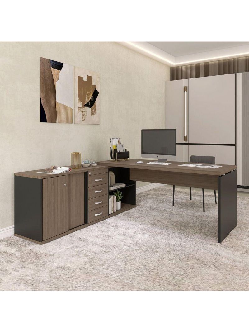 Mesa Pé Balcão Escritório Com 4 Gavetas 189x180cm Preto-walnut