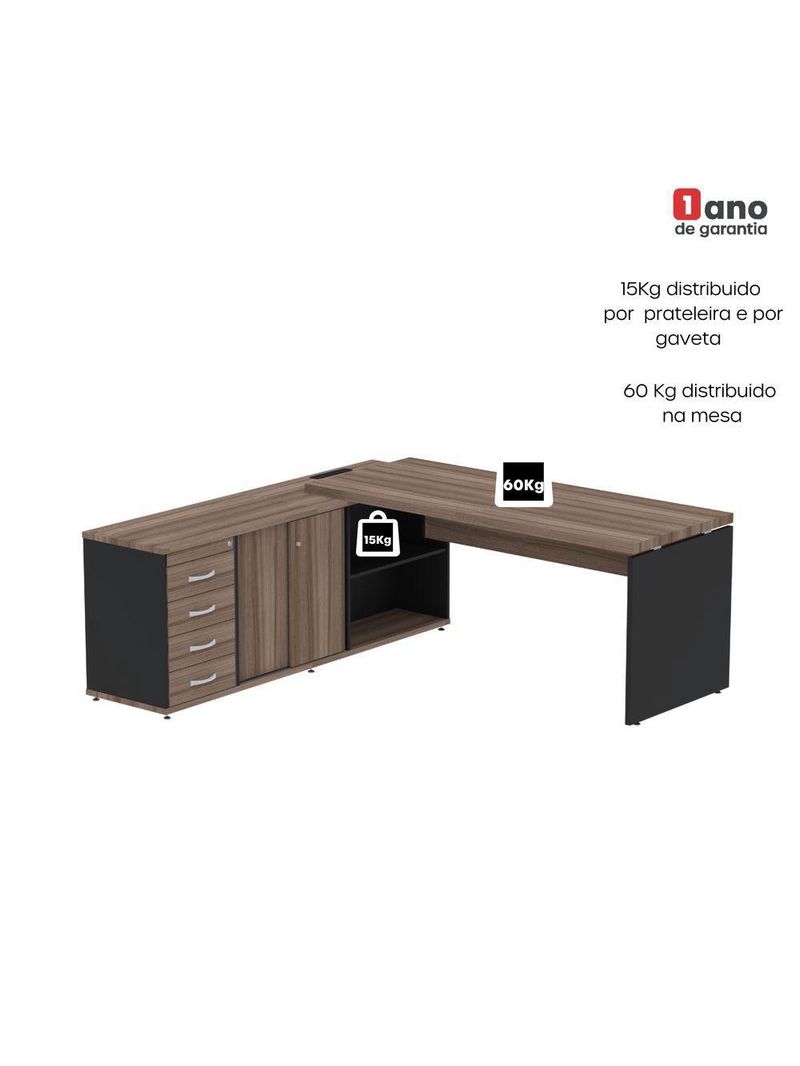 Mesa Pé Balcão Escritório Com 4 Gavetas 189x180cm Preto-walnut