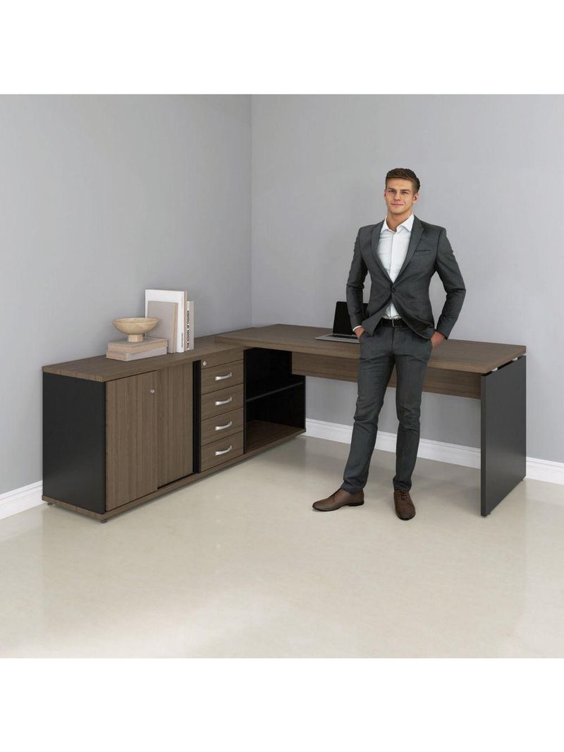 Mesa Pé Balcão Escritório Com 4 Gavetas 189x180cm Preto-walnut