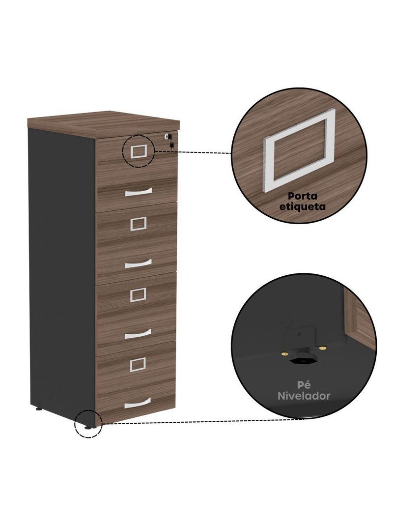 Arquivo De Escritório Em Madeira 4 Gavetas Pe40 Preto-walnut