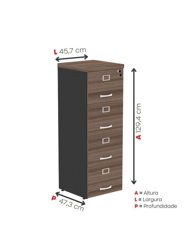 Arquivo De Escritório Em Madeira 4 Gavetas Pe40 Preto-walnut