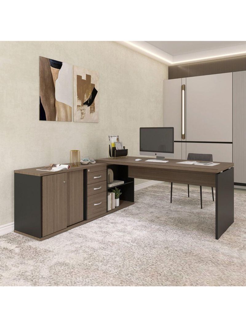 Mesa Pé Balcão Escritório Com 3 Gavetas 189x180cm Preto-walnut