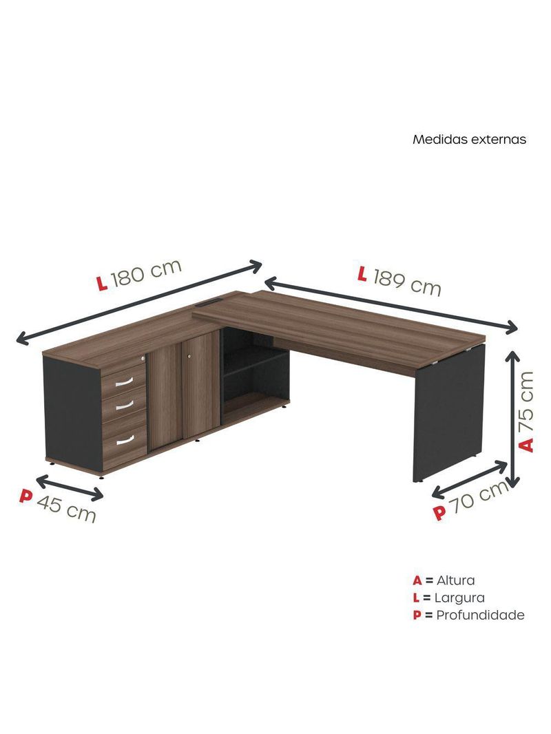 Mesa Pé Balcão Escritório Com 3 Gavetas 189x180cm Preto-walnut