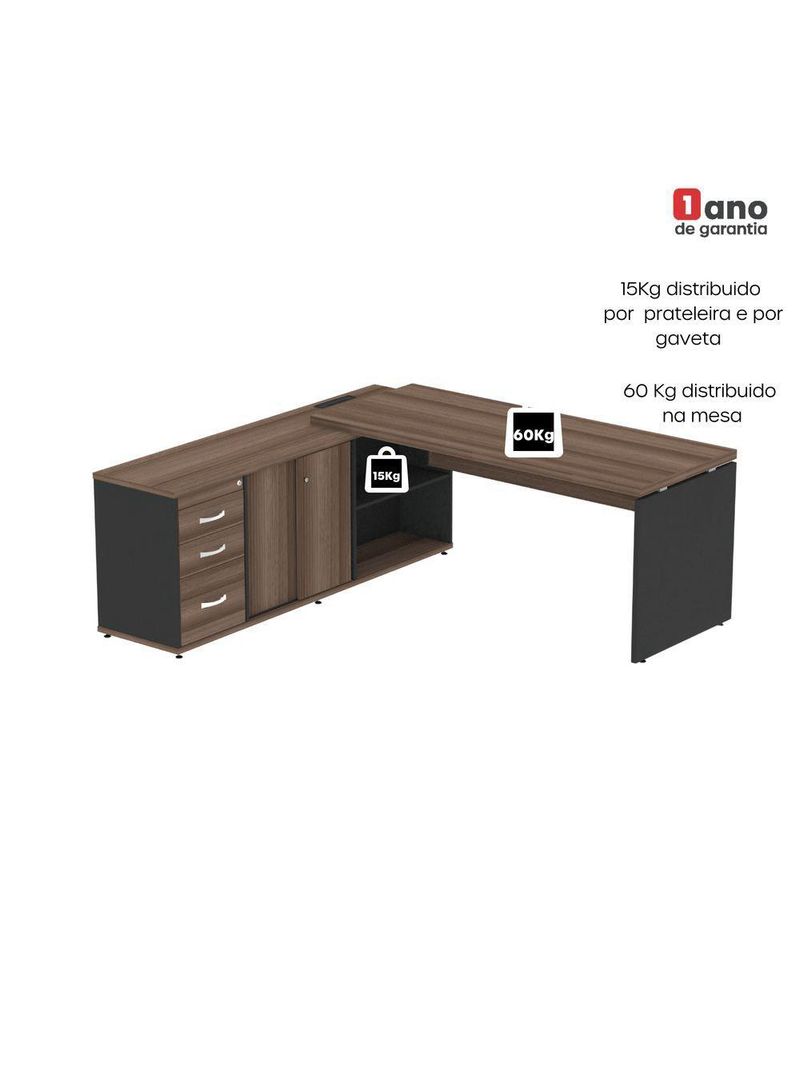 Mesa Pé Balcão Escritório Com 3 Gavetas 189x180cm Preto-walnut