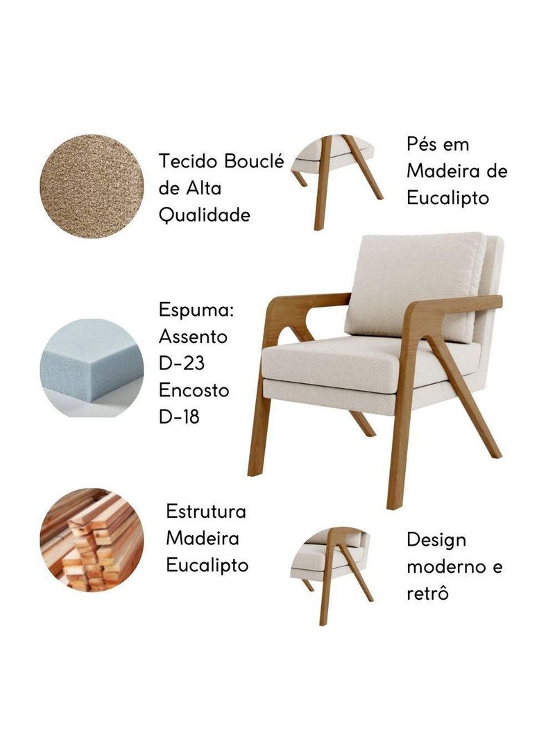Poltrona Decorativa Moderna Luxo Para Sala Escritório Xangai Bouclé Bege