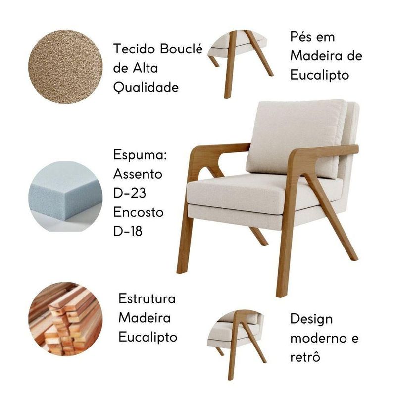 Poltrona Decorativa Sala De Estar Escritório Recepção Olinda Bouclé Bege