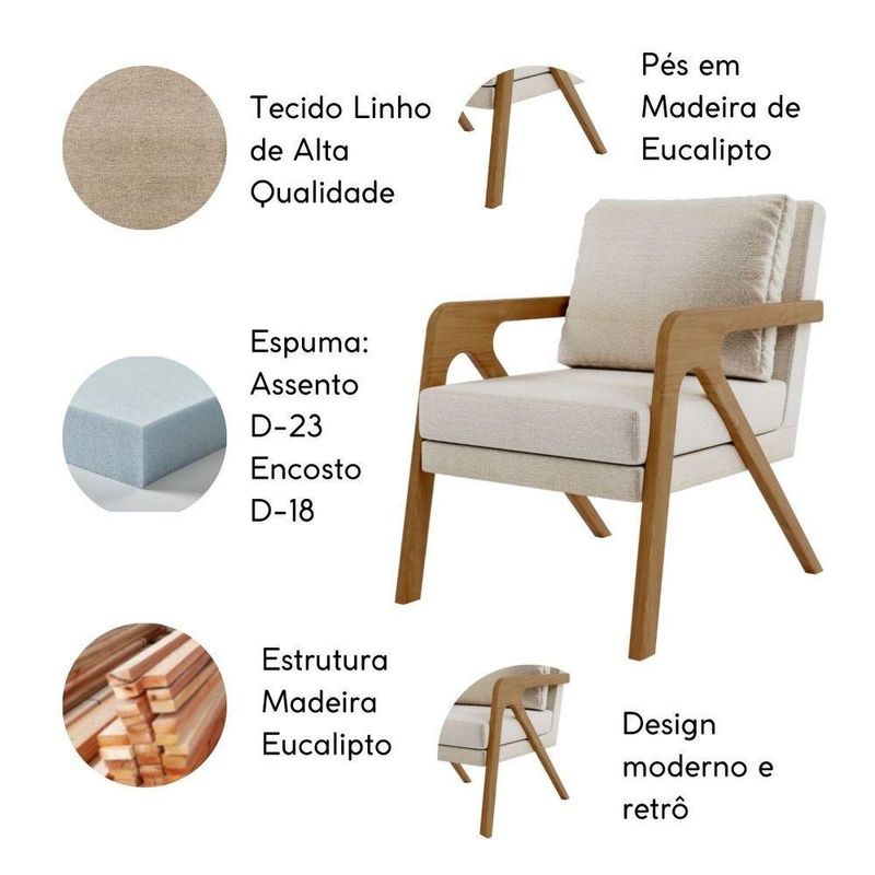 Poltrona Decorativa Moderna Luxo Para Sala Escritório Xangai Linho Bege