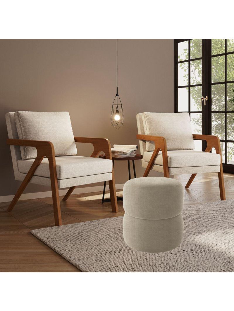 Kit 2 Poltrona Decorativa Puff Sala Moderno Escritório Maia Linho Bege