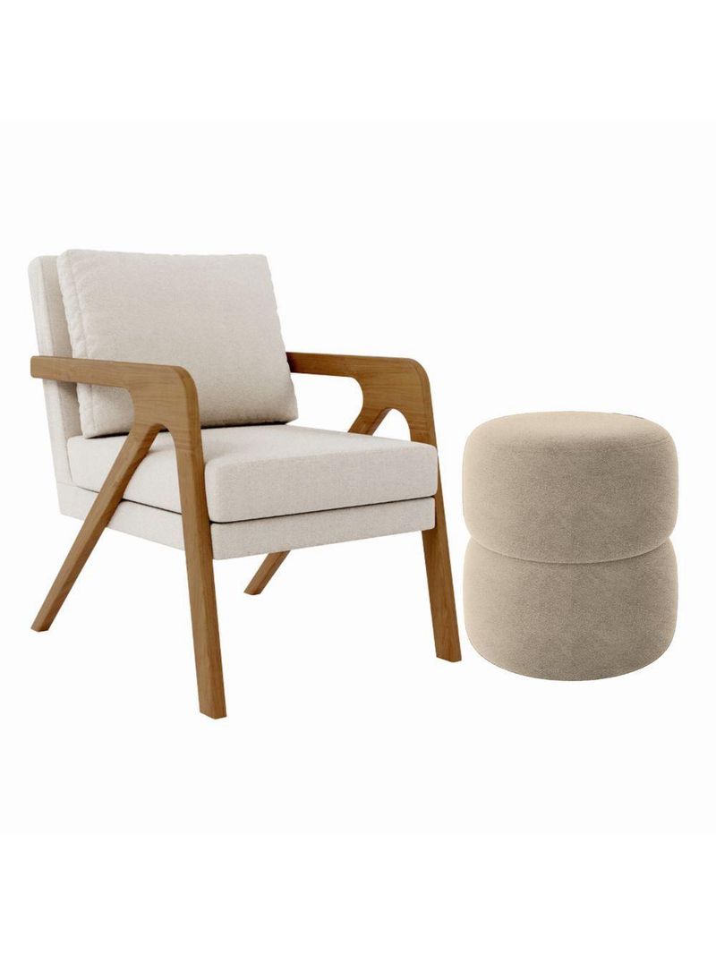 Kit Poltrona E Puff Decorativo Escritório Sala Recepção Maia Linho Bege