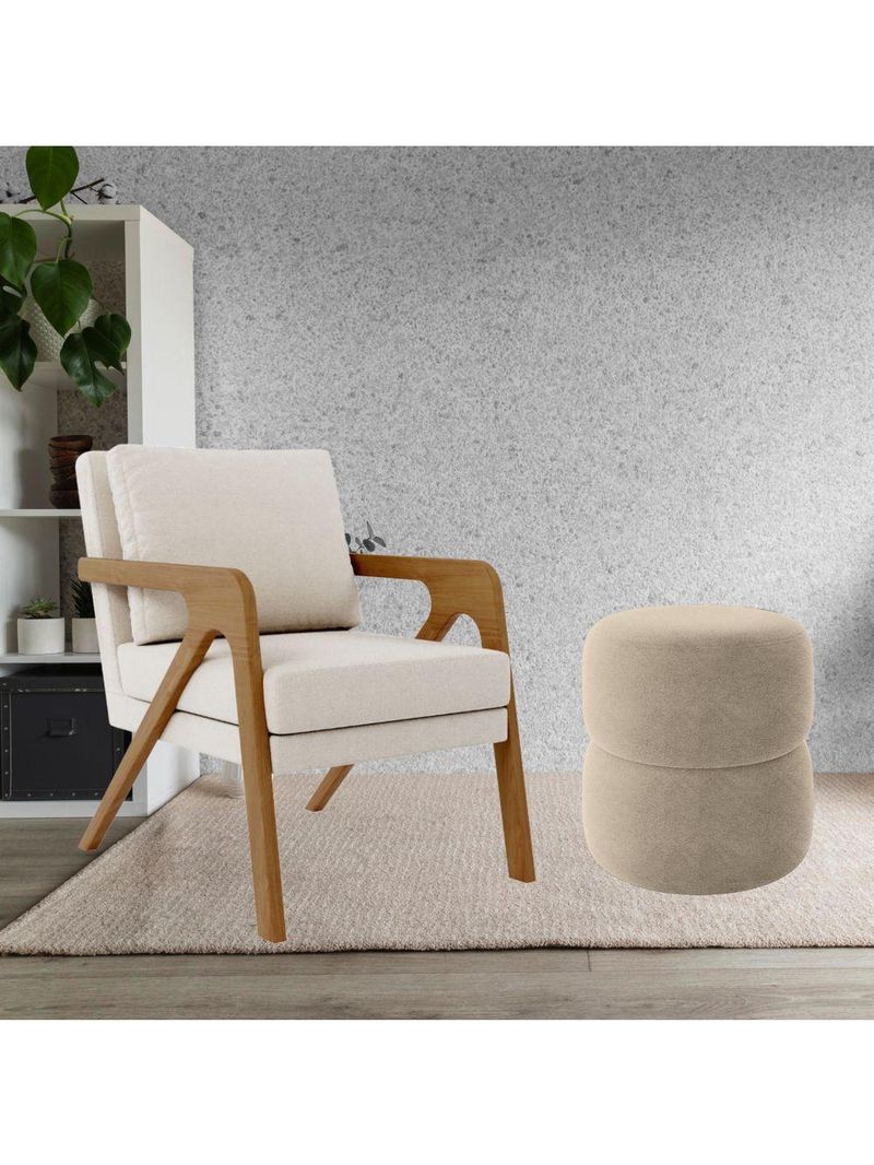 Kit Poltrona E Puff Decorativo Escritório Sala Recepção Maia Linho Bege