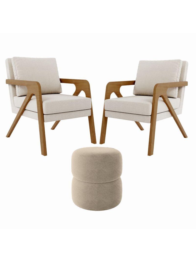 Kit 2 Poltrona Decorativa Puff Sala Moderno Escritório Maia Bouclé Bege