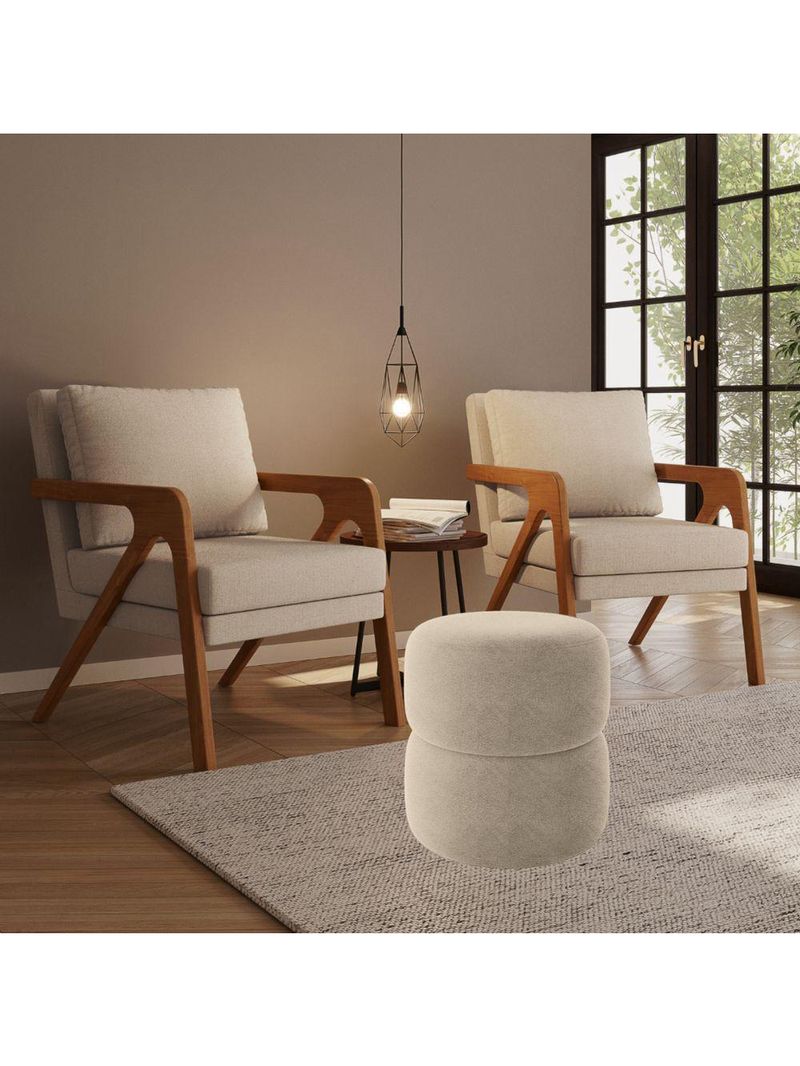 Kit 2 Poltrona Decorativa Puff Sala Moderno Escritório Maia Bouclé Bege